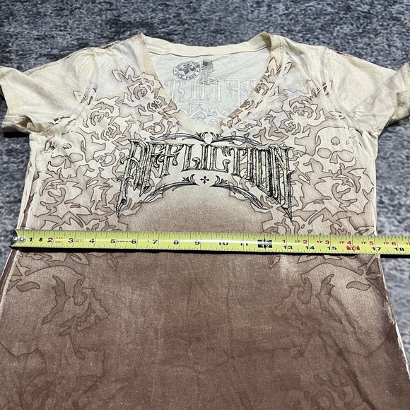 Affliction Live Fast Shirt V-Neck Womens Medium Cream Brown Y2K Grunge - Picture 9 of 11
